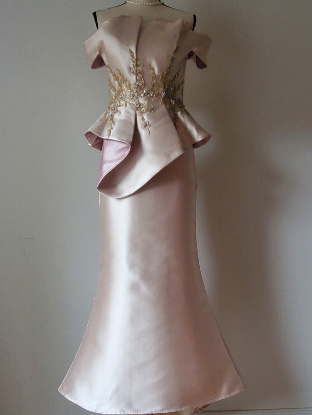 Elegant Terani Couture Champagne Mermaid Off Shoulder Gown Blush Gold Accents